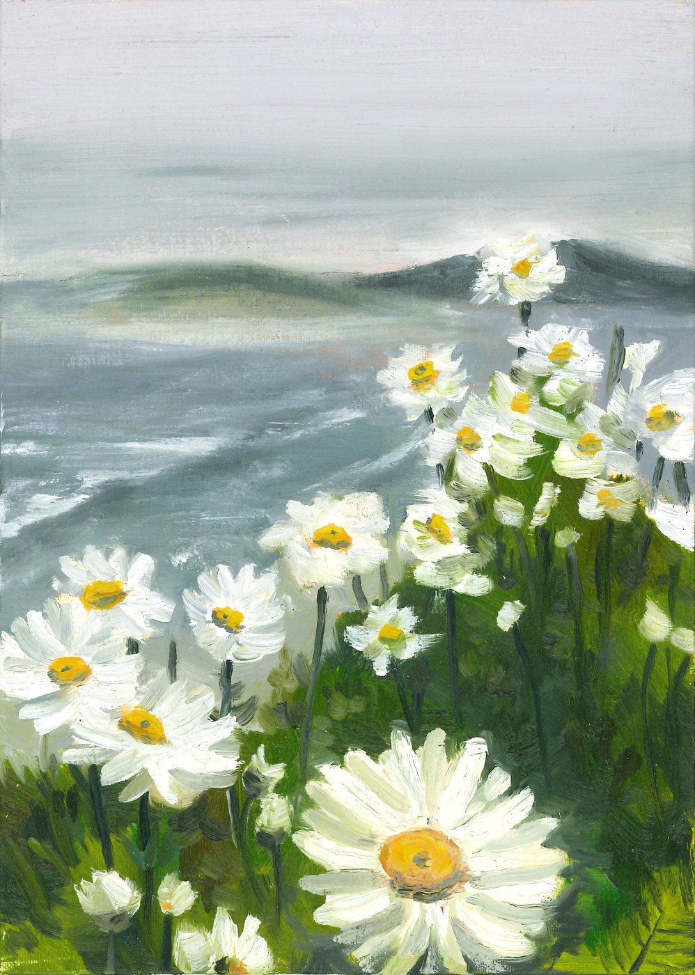 Oil painting of white daisies on a grassy cliff overlooking a hazy coastline
