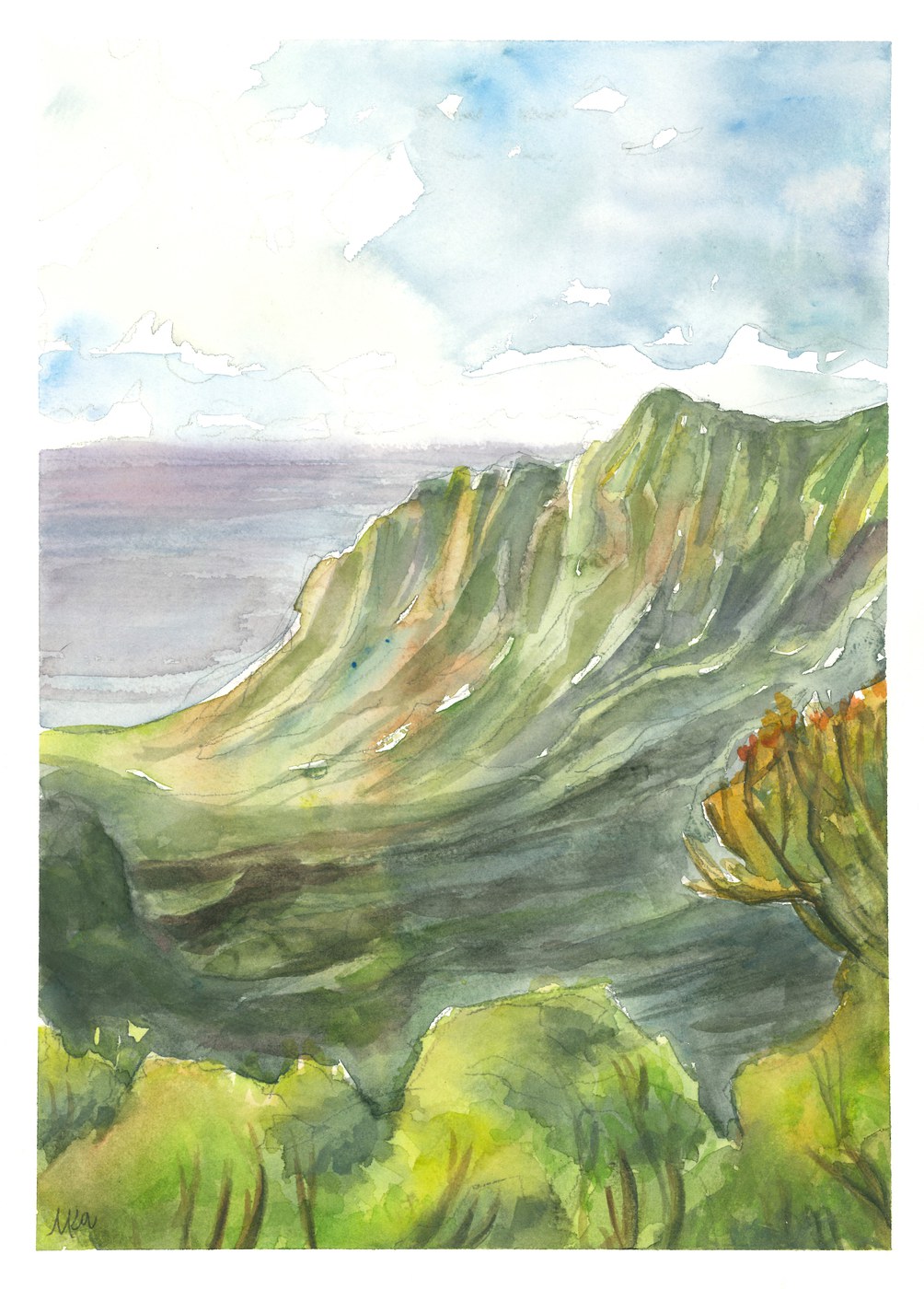 Watercolor of a green Hawaiian mountain ridge overlooking the ocean