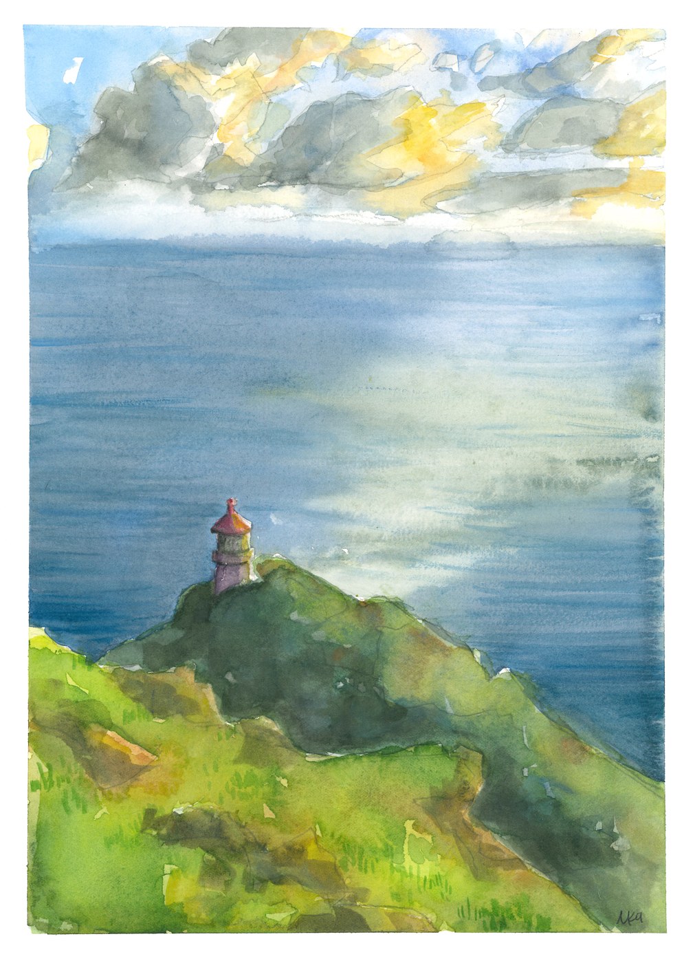 Watercolor of a lighthouse on a green cliff overlooking the ocean under a cloudy sky