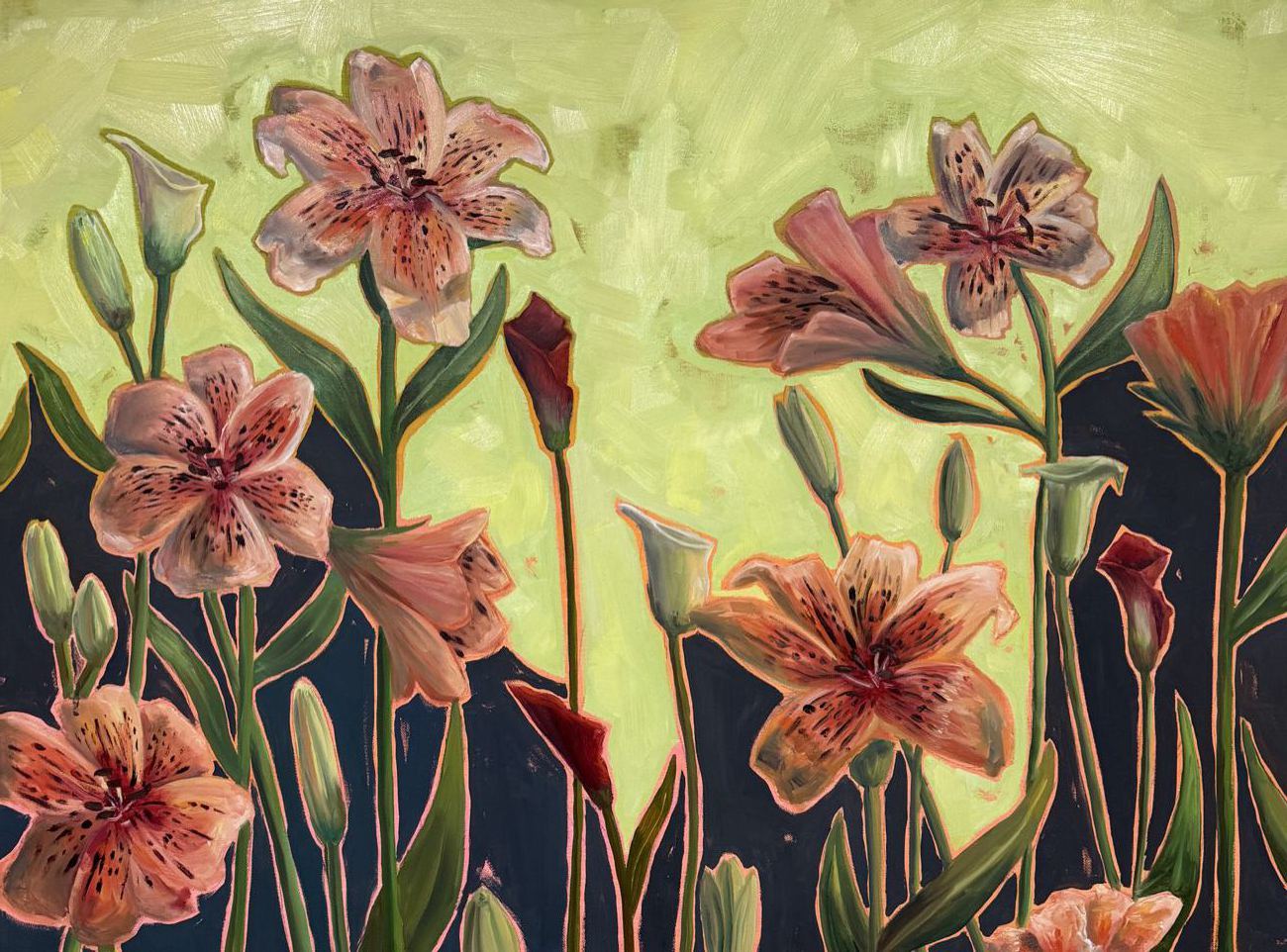Oil painting of pink and orange stargazer lilies against a dark background